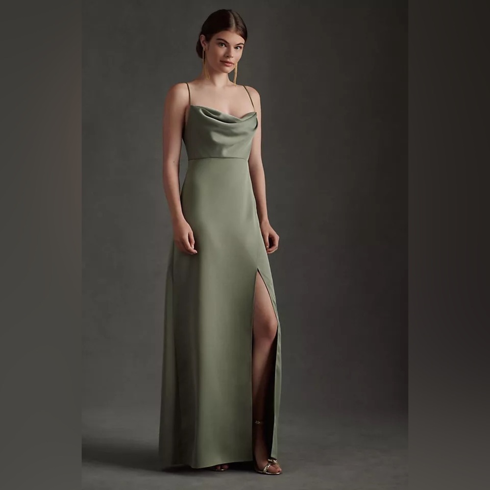 BHLDN Remy Cowl-Neck Faux-Wrap Satin Gown moss green size 10 Anthropologie